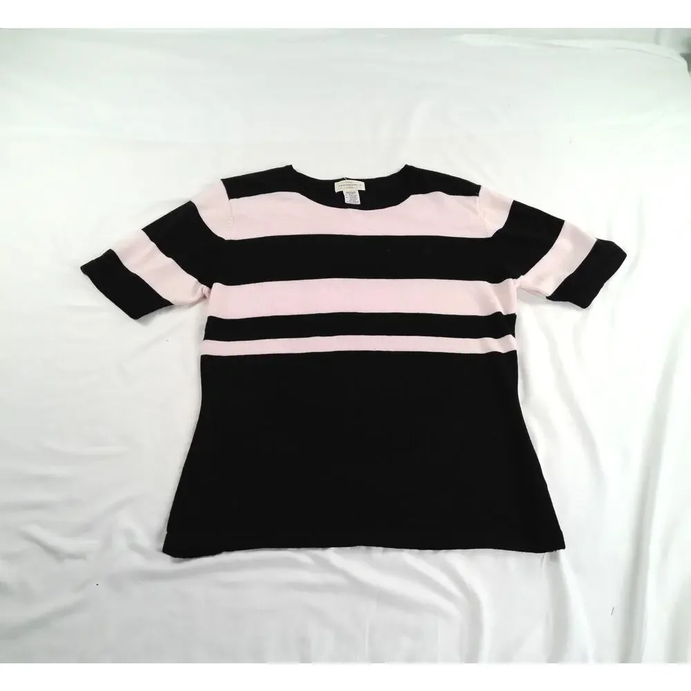 Yarnworks Women’s Medium Pink & Black Striped Knit Sweater Top Short Sleeve